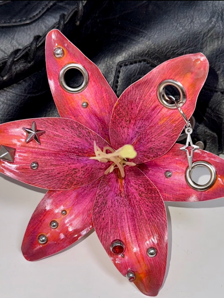 Handmade Steampunk Lily Pendant – Mixed Industrial Style Botanical Art Piece