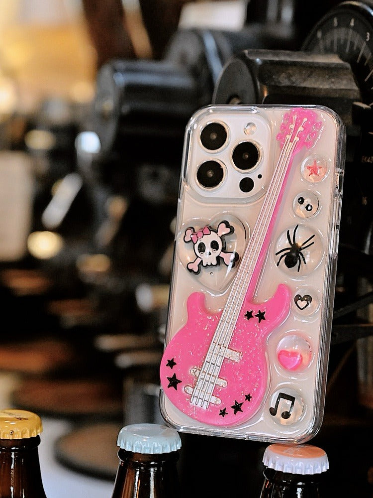 Pink Punk Guitar Phone Case | Skull & Web Design | Y2K Rocker Accessory - Memoryincases®︎
