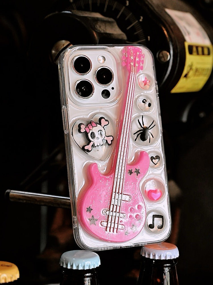 Pink Punk Guitar Phone Case | Skull & Web Design | Y2K Rocker Accessory - Memoryincases®︎
