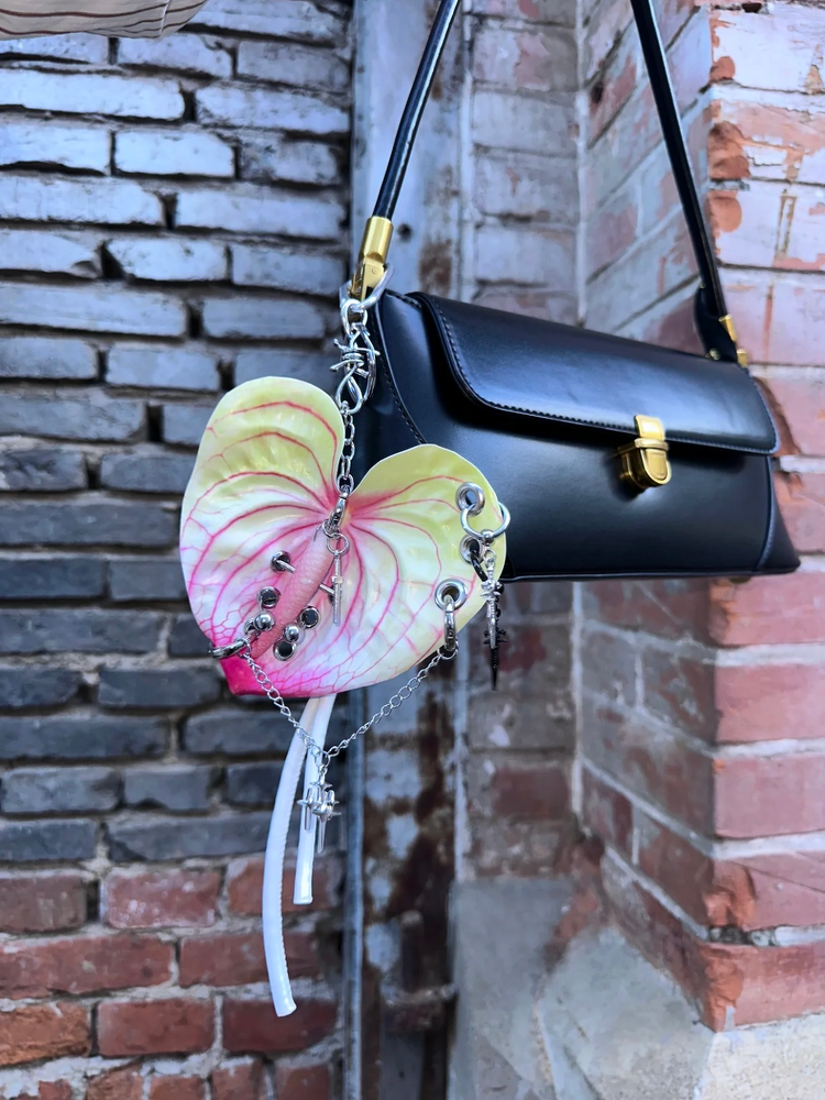Dark Metal Plant Keychain | Industrial Piercing Handmade Design | Deconstructionist Unique Pendant | Artisan Crafted Accessory