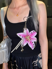 Industrial Lily Pendant | Dark Metal Flower Keychain | Handmade Deconstructed Design | Edgy Gothic Accessory
