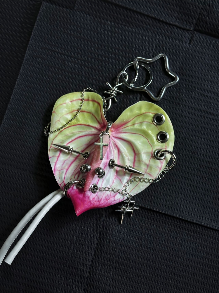 Dark Metal Plant Keychain | Industrial Piercing Handmade Design | Deconstructionist Unique Pendant | Artisan Crafted Accessory