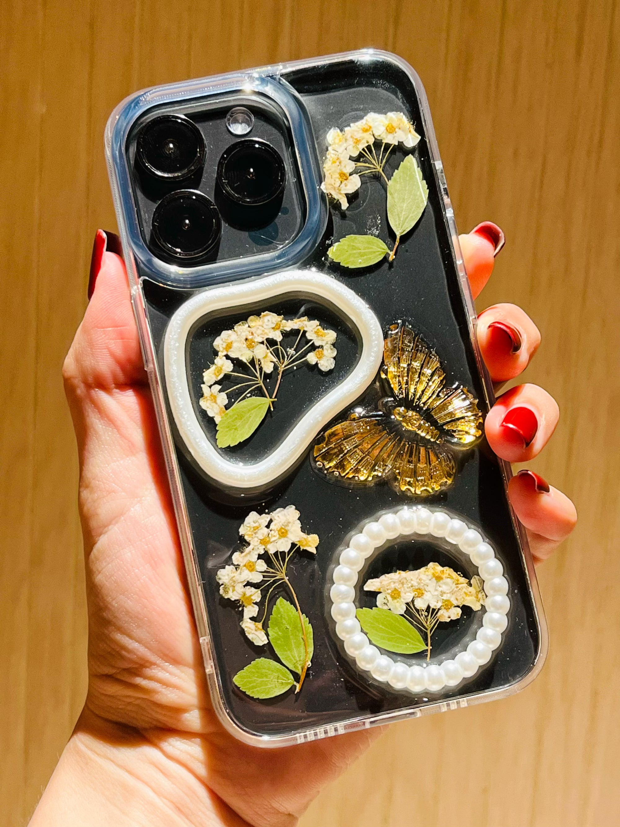 3D Floral Butterfly iPhone Case – Pressed Flowers with Pearls, Fairycore Aesthetic Gift - Memoryincases®︎