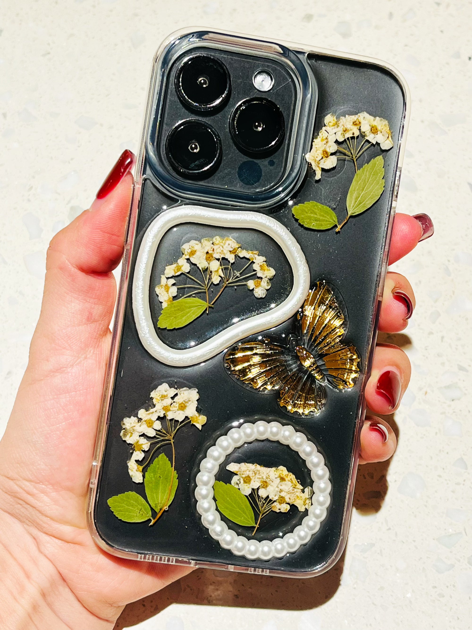 3D Floral Butterfly iPhone Case – Pressed Flowers with Pearls, Fairycore Aesthetic Gift - Memoryincases®︎